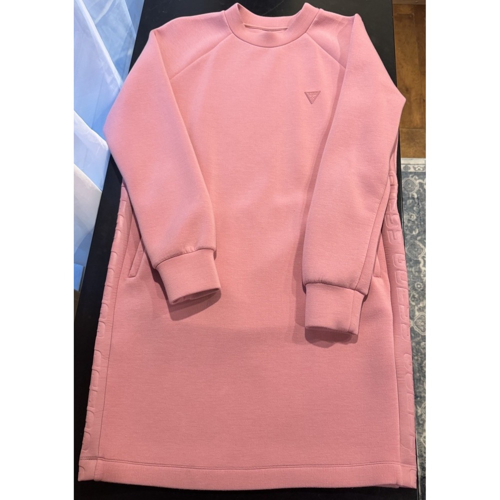 GUESS Pink Sweater Dress Crew Neck Long Sleeve Pockets Solid Knit Stretchy Y2K